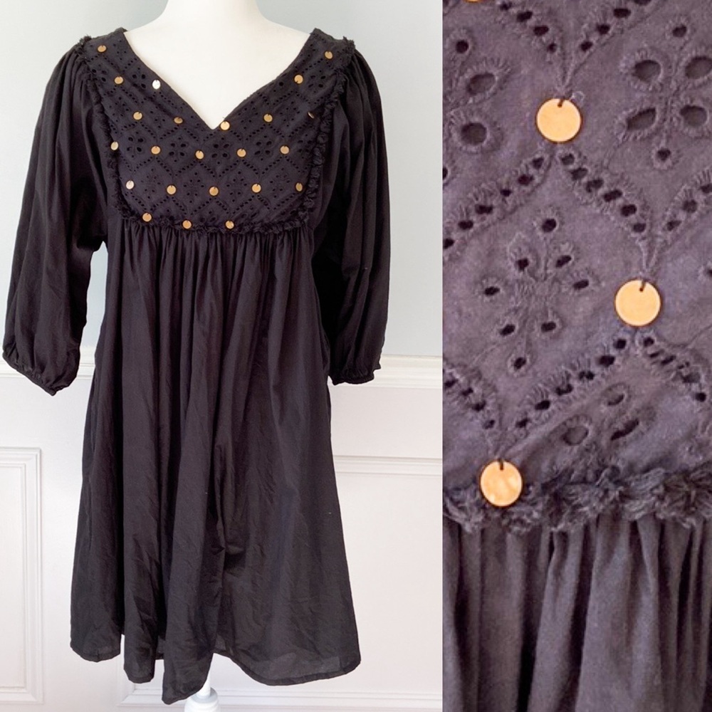 World Market Black Neutral Cotton Eyelet Lace V Neck Chuimui Balloon Sleeve Sz M